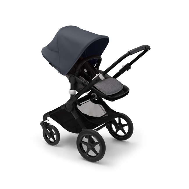 Bugaboo Fox 3 seat stroller with black frame, grey fabrics, and stormy blue sun canopy.