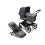 Bugaboo Fox 3 bassinet and seat stroller with graphite frame, grey fabrics, and stormy blue sun canopy.