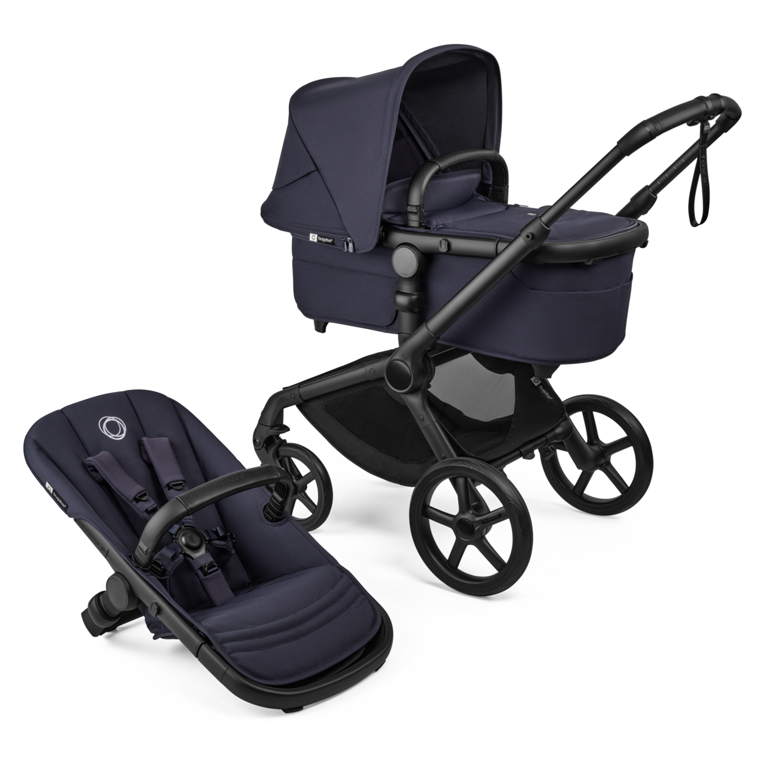 Bugaboo Fox 5 Renew carrito 2 en 1 con silla y capazo, con chasis Negro, fundas Azul Índigo y, capota Azul Índigo. - Thumbnail Slide 1 of 12