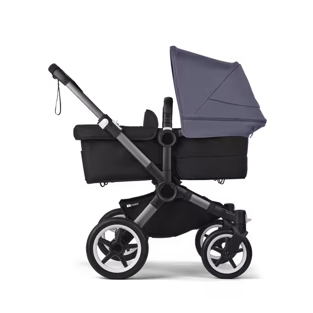 Bugaboo Donkey 5 twin stroller graphite base, midnight black fabrics, stormy blue sun canopy - Main Image Slide 2 of 12