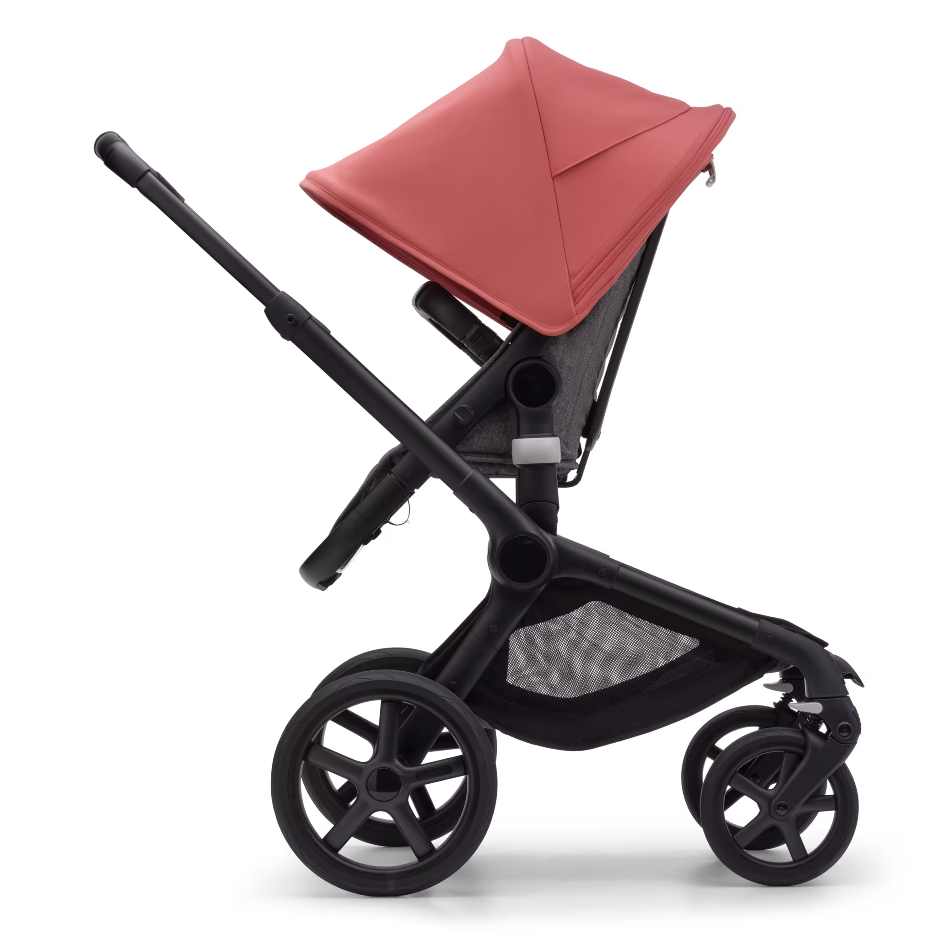 Side view of the Bugaboo Fox 5 seat pushchair with black chassis, grey melange fabrics and sunrise red sun canopy. - Main Modal Image Slide 3 of 13