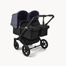 Bugaboo Donkey 5 twin stroller black base, midnight black fabrics, stormy blue sun canopy