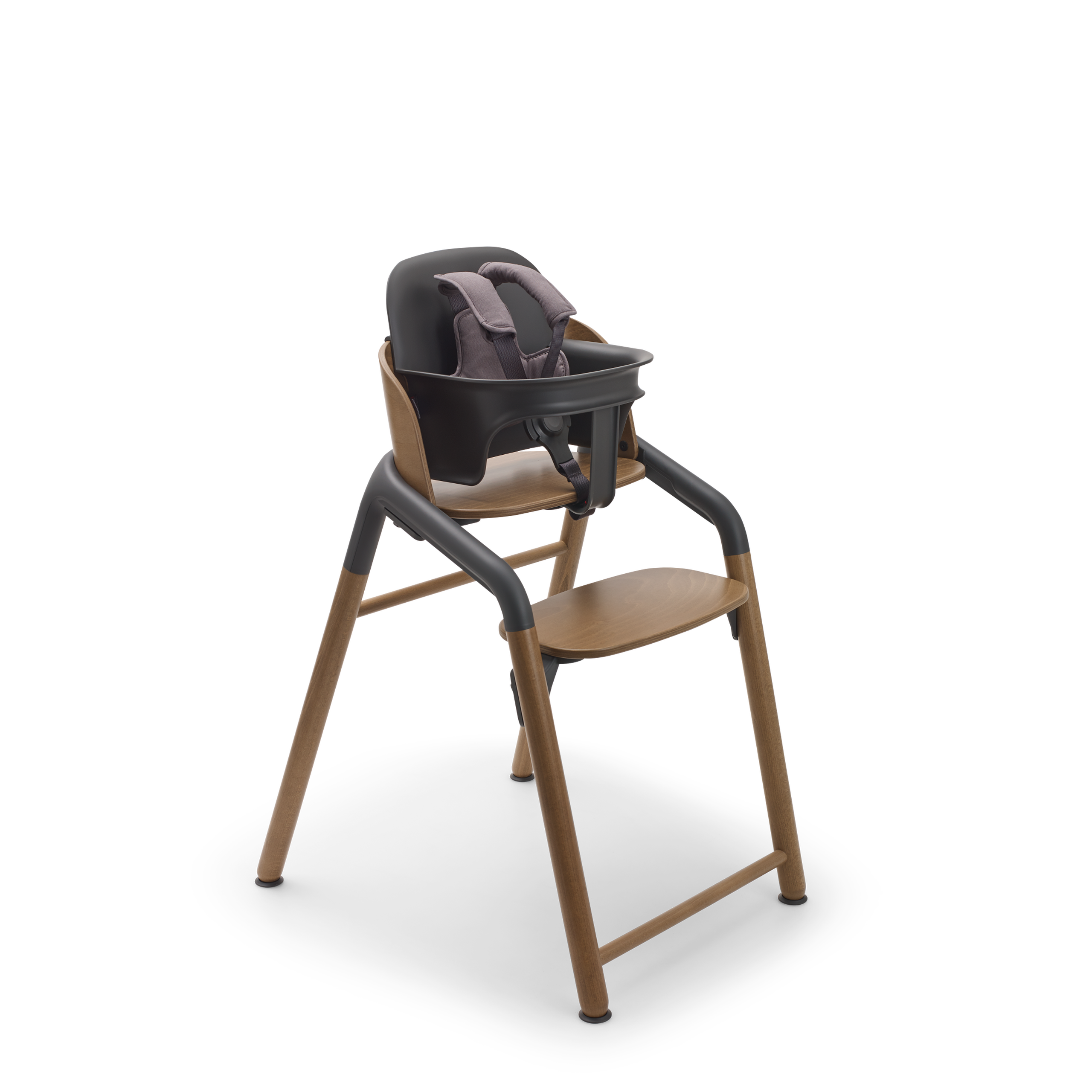 Bugaboo Giraffe chair in warm wood/grey, with baby set and harness in grey. - Thumbnail Slide 2 of 3