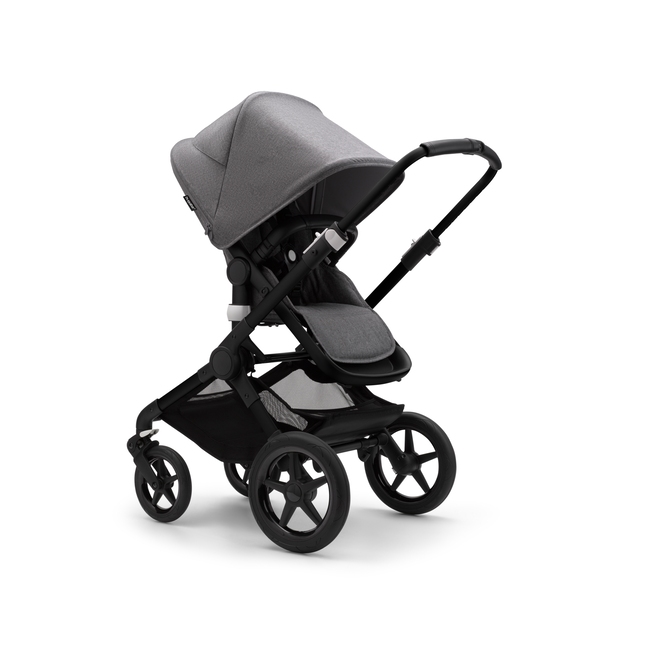 Bugaboo Fox 3 seat stroller with black frame, grey fabrics, and grey sun canopy.