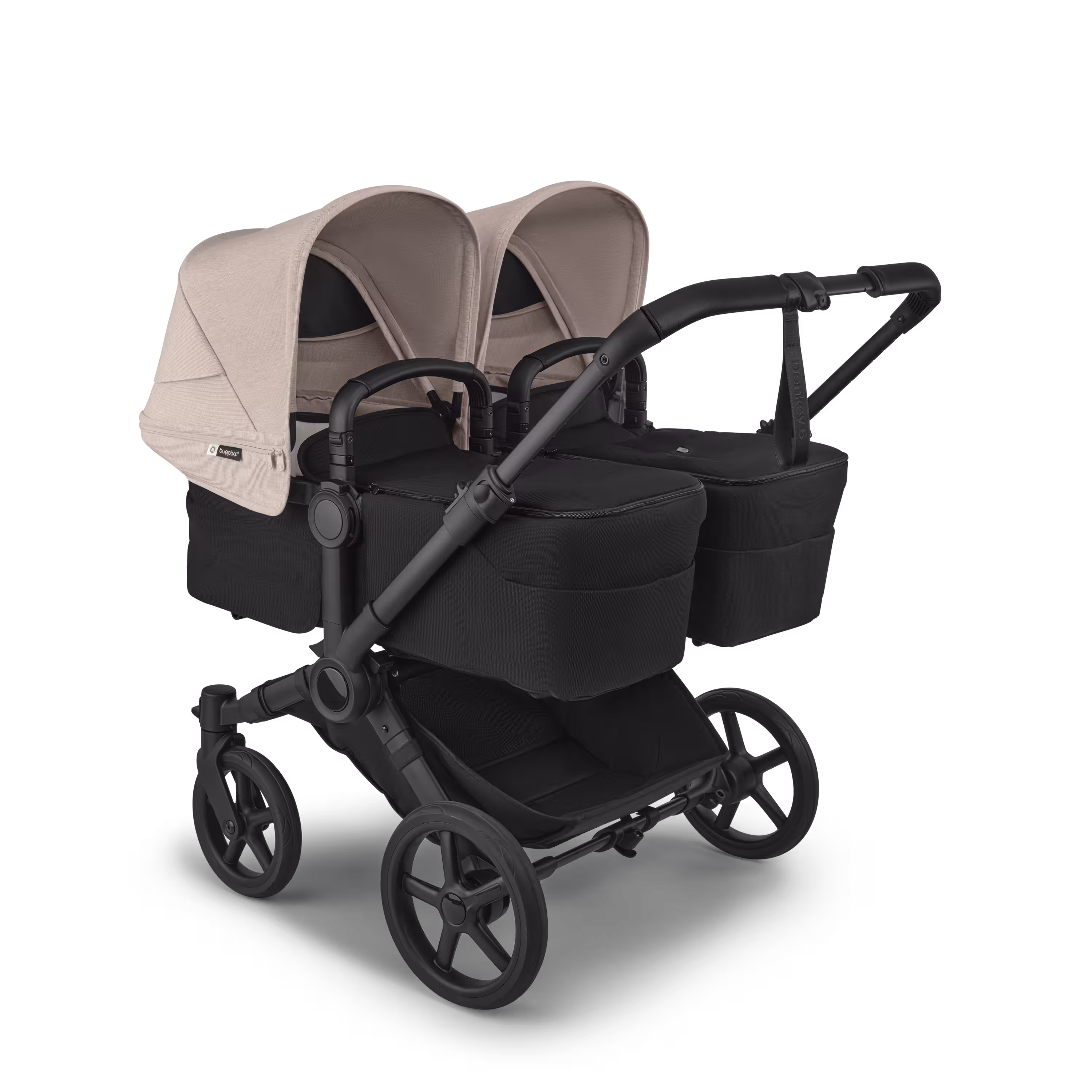 Bugaboo Donkey 6 twin stroller black base, heritage black fabrics, desert taupe melange sun canopy view 1 - Main Modal Image Slide 1 of 7