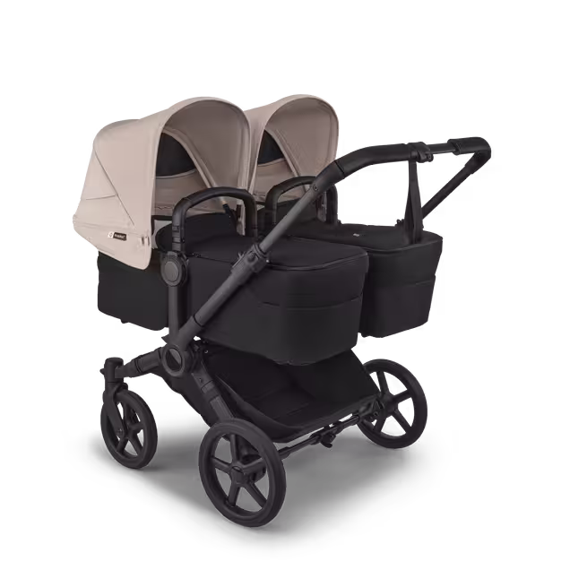 Bugaboo Donkey 6 twin stroller black base, heritage black fabrics, desert taupe melange sun canopy view 1 - Main Image Slide 1 of 7