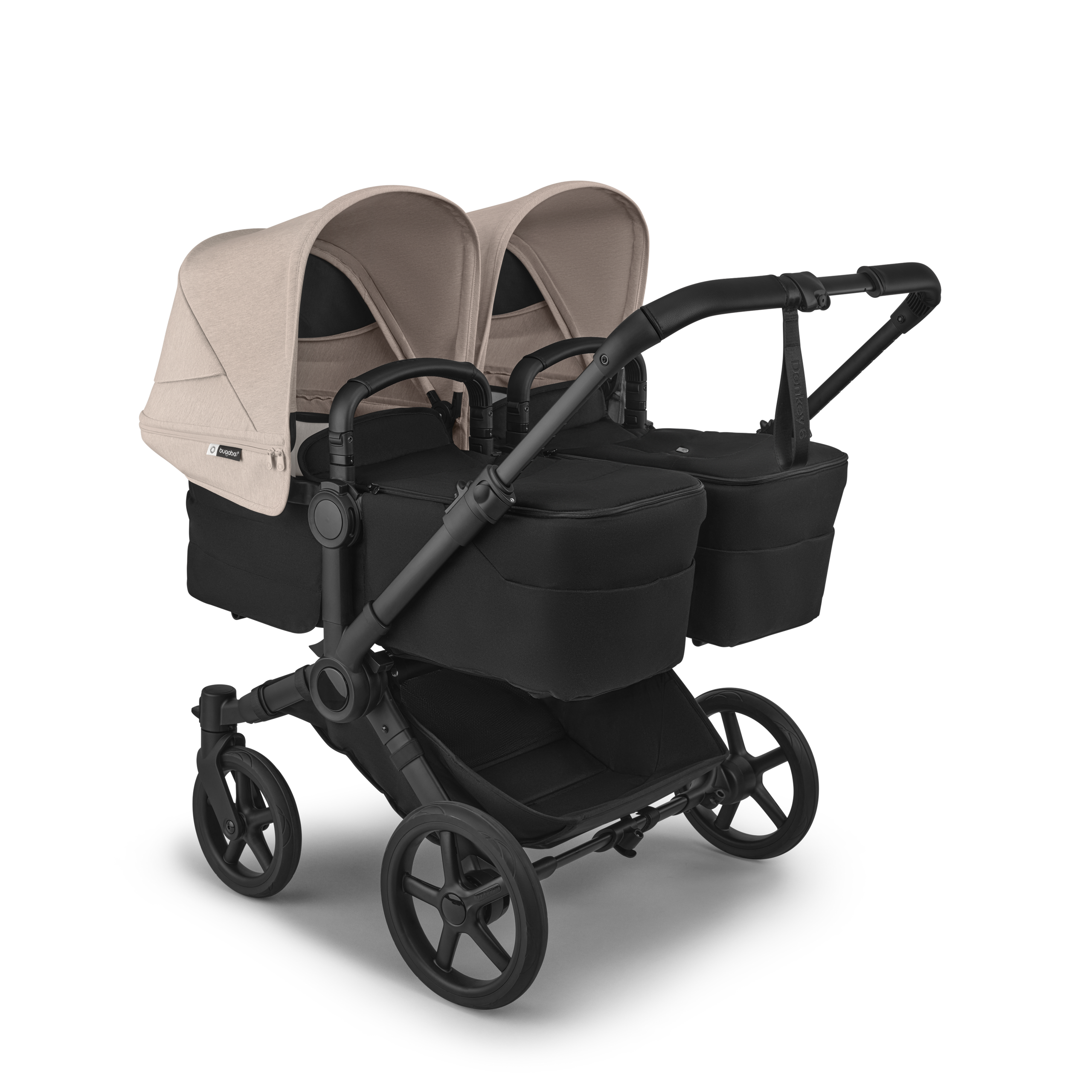 Bugaboo Donkey 6 twin stroller black base, heritage black fabrics, desert taupe melange sun canopy view 1 - Thumbnail Slide 1 of 7