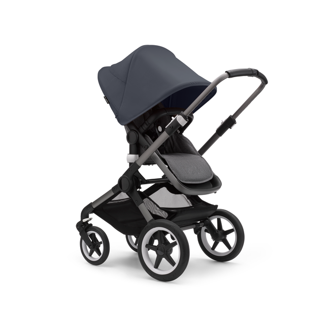 Bugaboo Fox 3 bassinet and seat stroller graphite base, grey melange fabrics, stormy blue sun canopy
