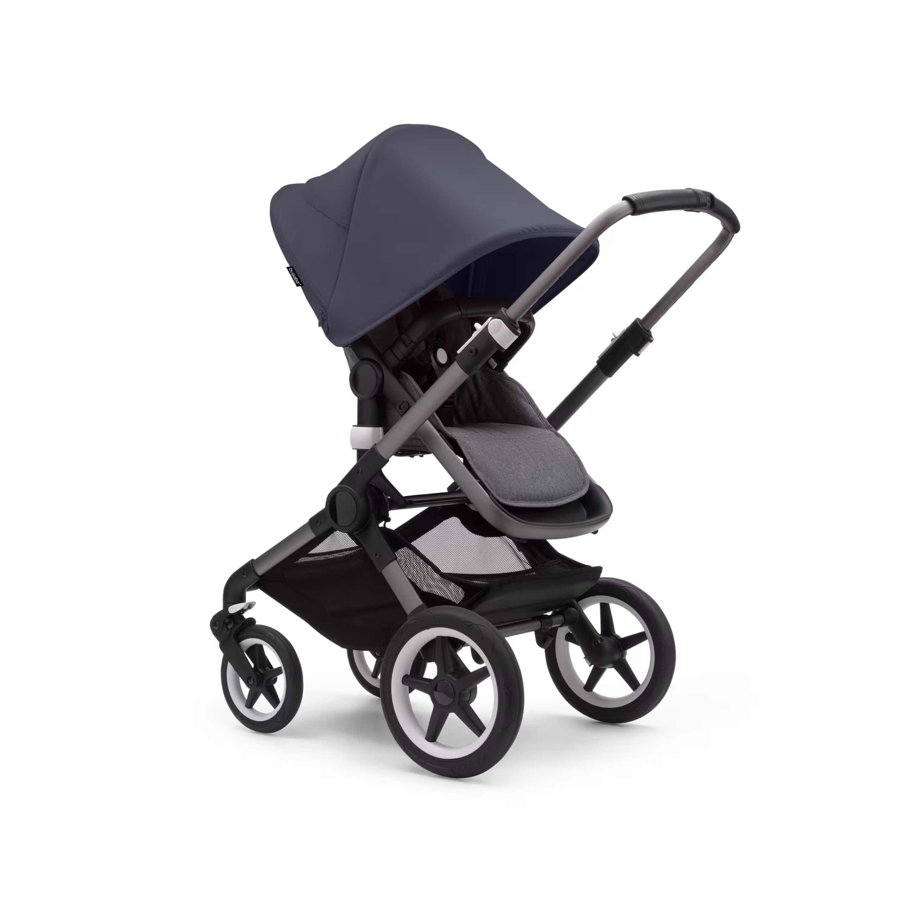 Bugaboo Fox 3 seat stroller with graphite frame, grey fabrics, and stormy blue sun canopy. - Main Modal Image Slide 7 of 7