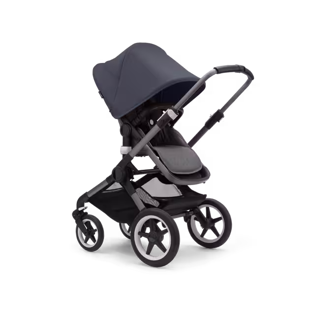 Bugaboo Fox 3 seat stroller with graphite frame, grey fabrics, and stormy blue sun canopy. - Main Image Slide 7 of 7