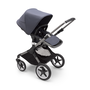 Bugaboo Fox 3 seat stroller with graphite frame, stormy blue fabrics, and stormy blue sun canopy.