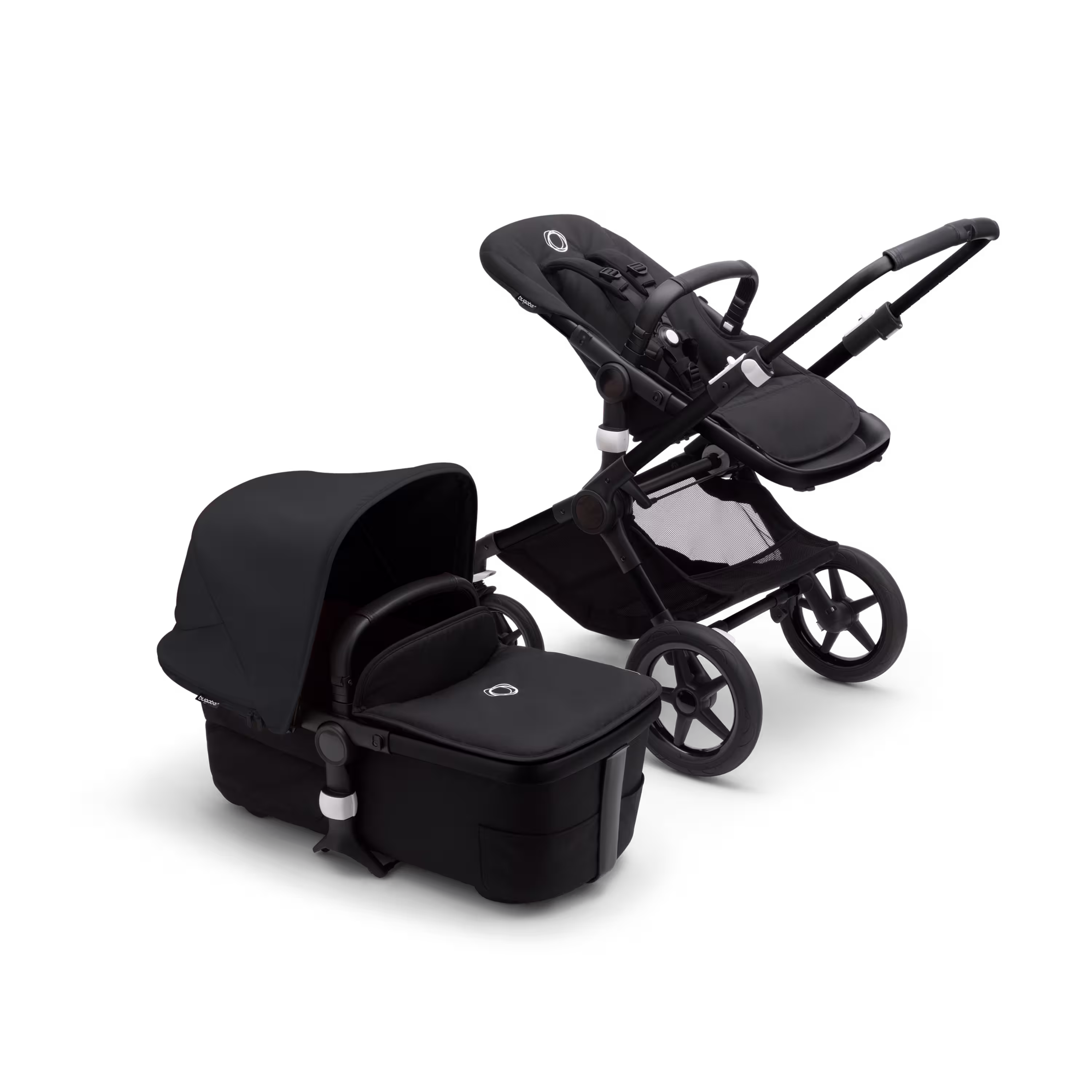 Bugaboo Fox 3 bassinet and seat stroller with black frame, black fabrics, and black sun canopy. - Main Modal Image Slide 5 of 7