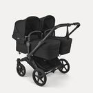 Bugaboo Donkey 6 twin stroller black base, heritage black fabrics, heritage black sun canopy