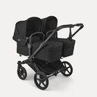 Bugaboo Donkey 6 twin stroller black base, heritage black fabrics, heritage black sun canopy