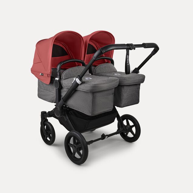 Bugaboo Donkey 5 twin stroller black base, grey mélange fabrics, sunrise red sun canopy - Main Image Slide 1 of 12
