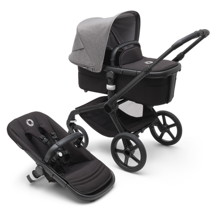 Bugaboo Fox 5 bassinet and seat pram with black chassis, midnight black fabrics and grey melange sun canopy.