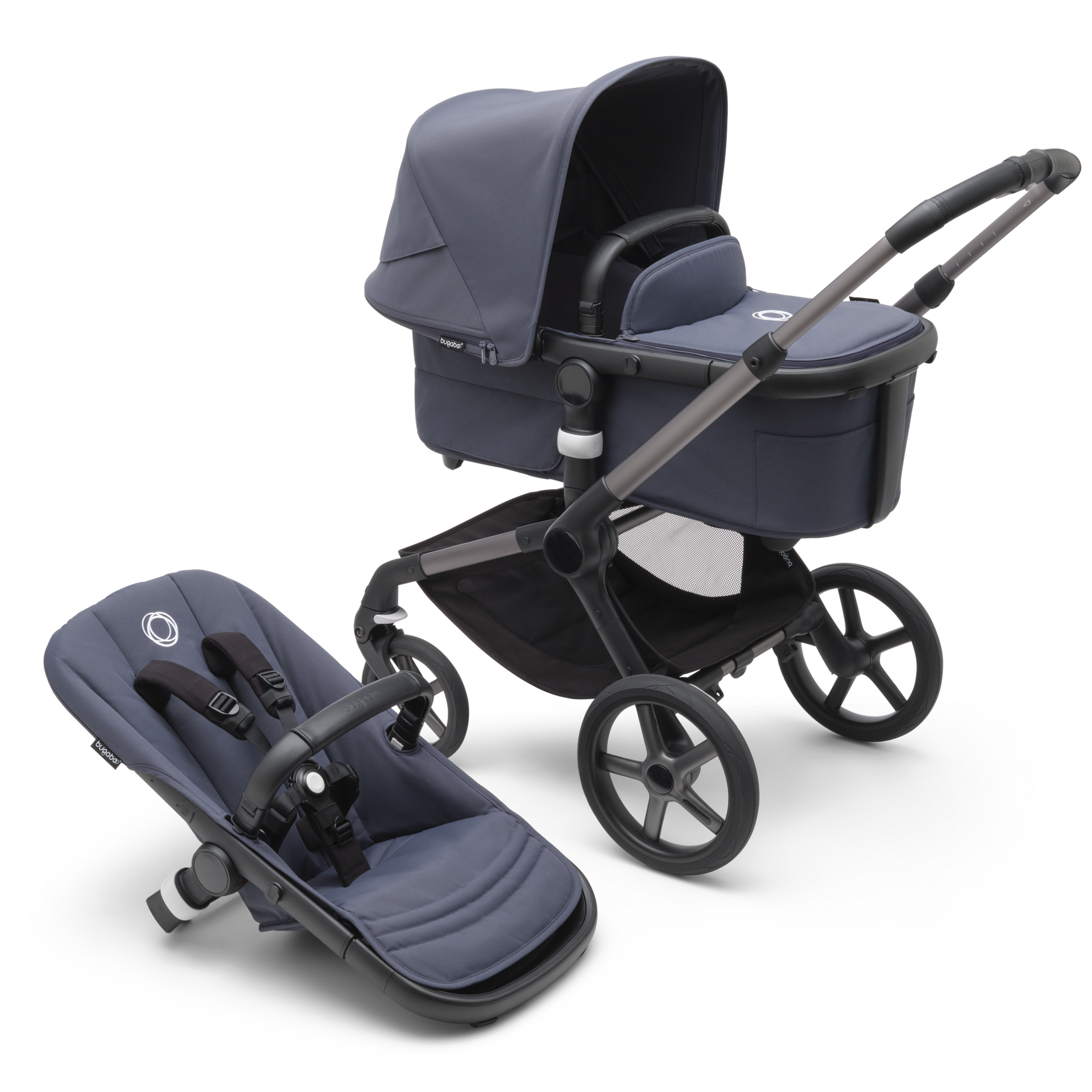 Bugaboo Fox 5 bassinet and seat stroller with graphite chassis, grey melange fabrics and stormy blue sun canopy. - Thumbnail Slide 1 of 12