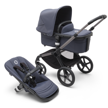 Bugaboo Fox 5 bassinet and seat stroller with graphite chassis, grey melange fabrics and stormy blue sun canopy.