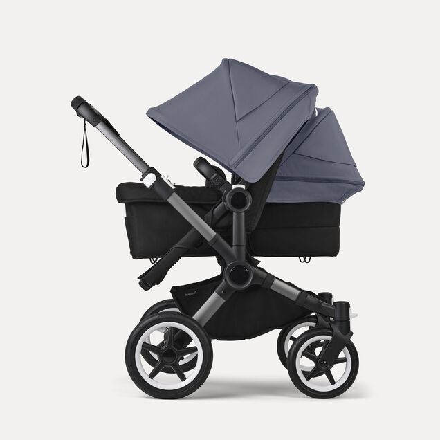 Bugaboo Donkey 5 Duo double stroller graphite base, midnight black fabrics, stormy blue sun canopy - Main Image Slide 2 of 11