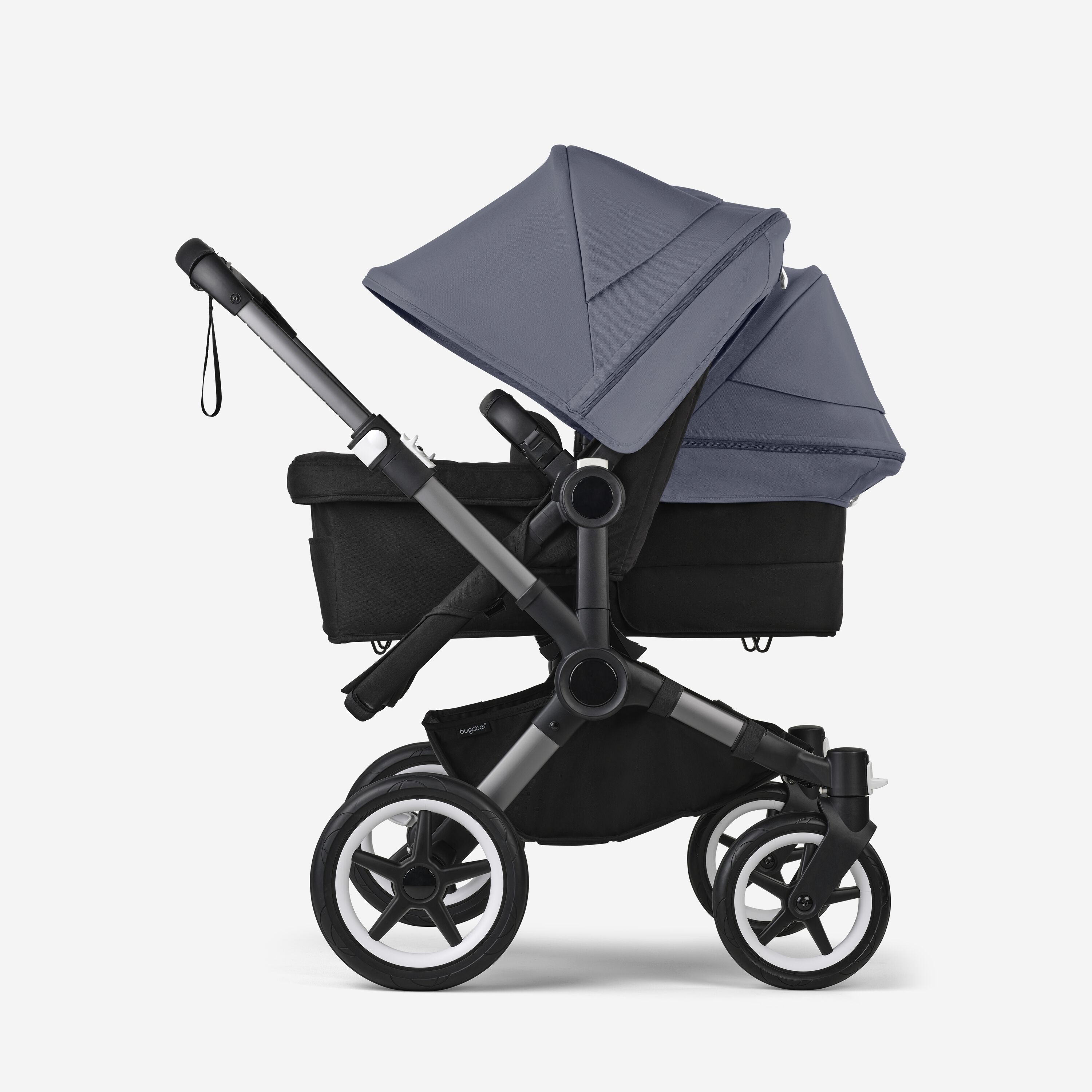 Bugaboo Donkey 5 Duo double stroller graphite base, midnight black fabrics, stormy blue sun canopy - Main Modal Image Slide 2 of 11
