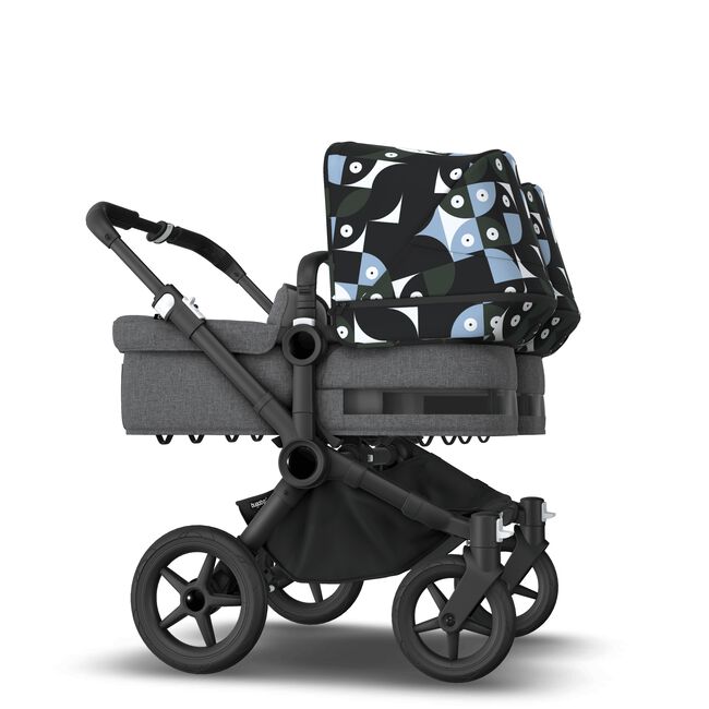 Bugaboo Donkey 5 Twin bassinet and seat stroller black base, grey mélange fabrics, animal explorer green/light blue sun canopy