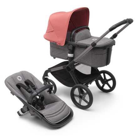 Bugaboo Fox 5 bassinet and seat stroller with graphite chassis, grey melange fabrics and sunrise red sun canopy.