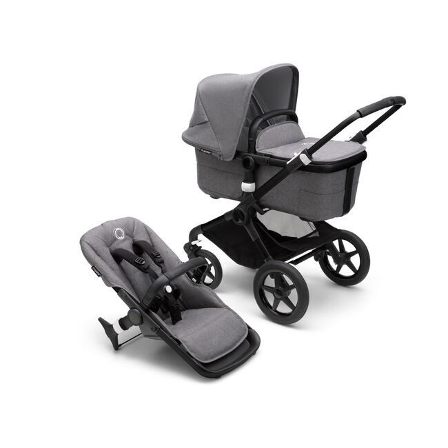 Bugaboo Fox 3 carrycot and seat pushchair with black frame, grey fabrics, and grey sun canopy.
