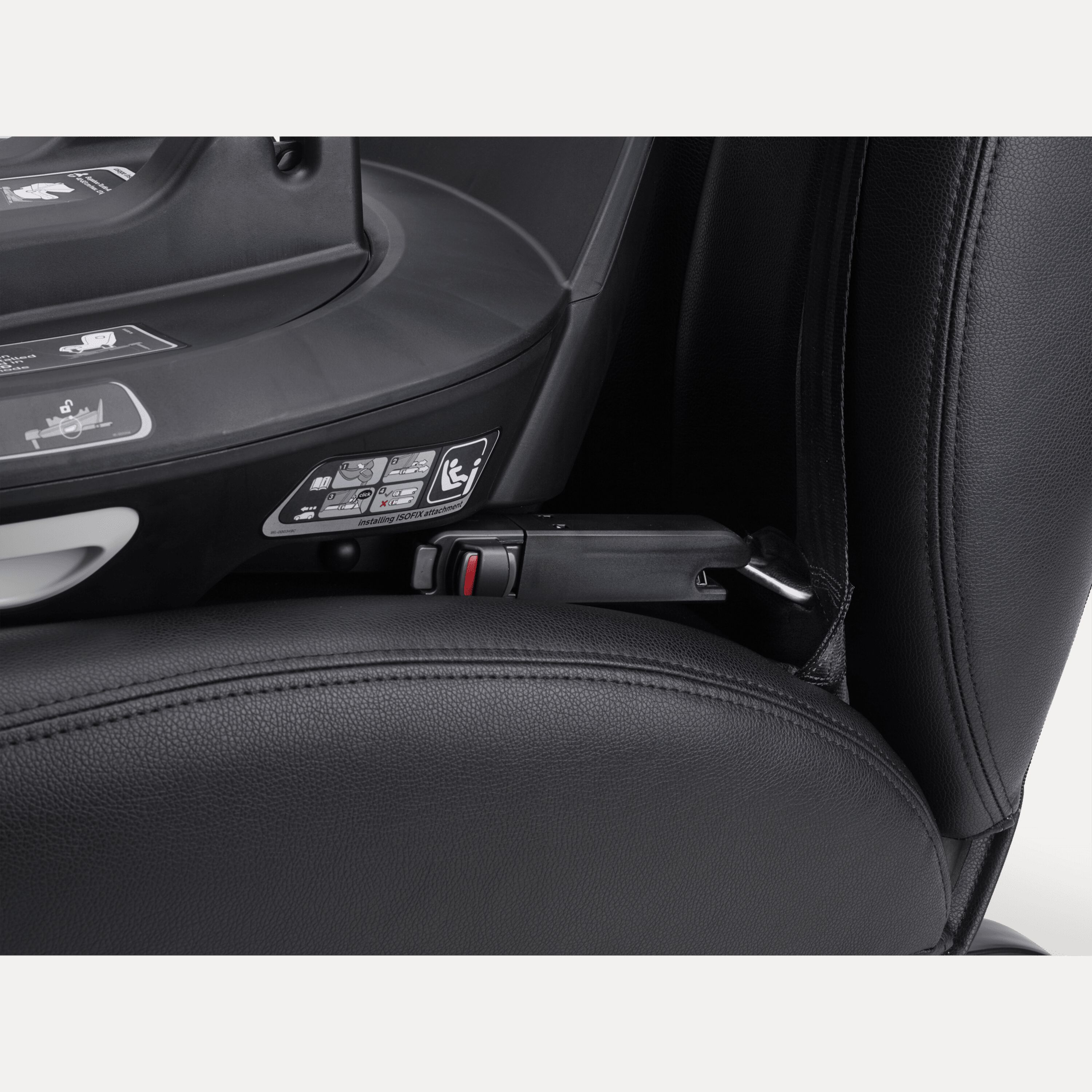 Close up of the ISOFIX connector between the Bugaboo 360 Base by Nuna and car. The indicator is red to signal incorrect installation. - Main Modal Image Slide 5 of 8
