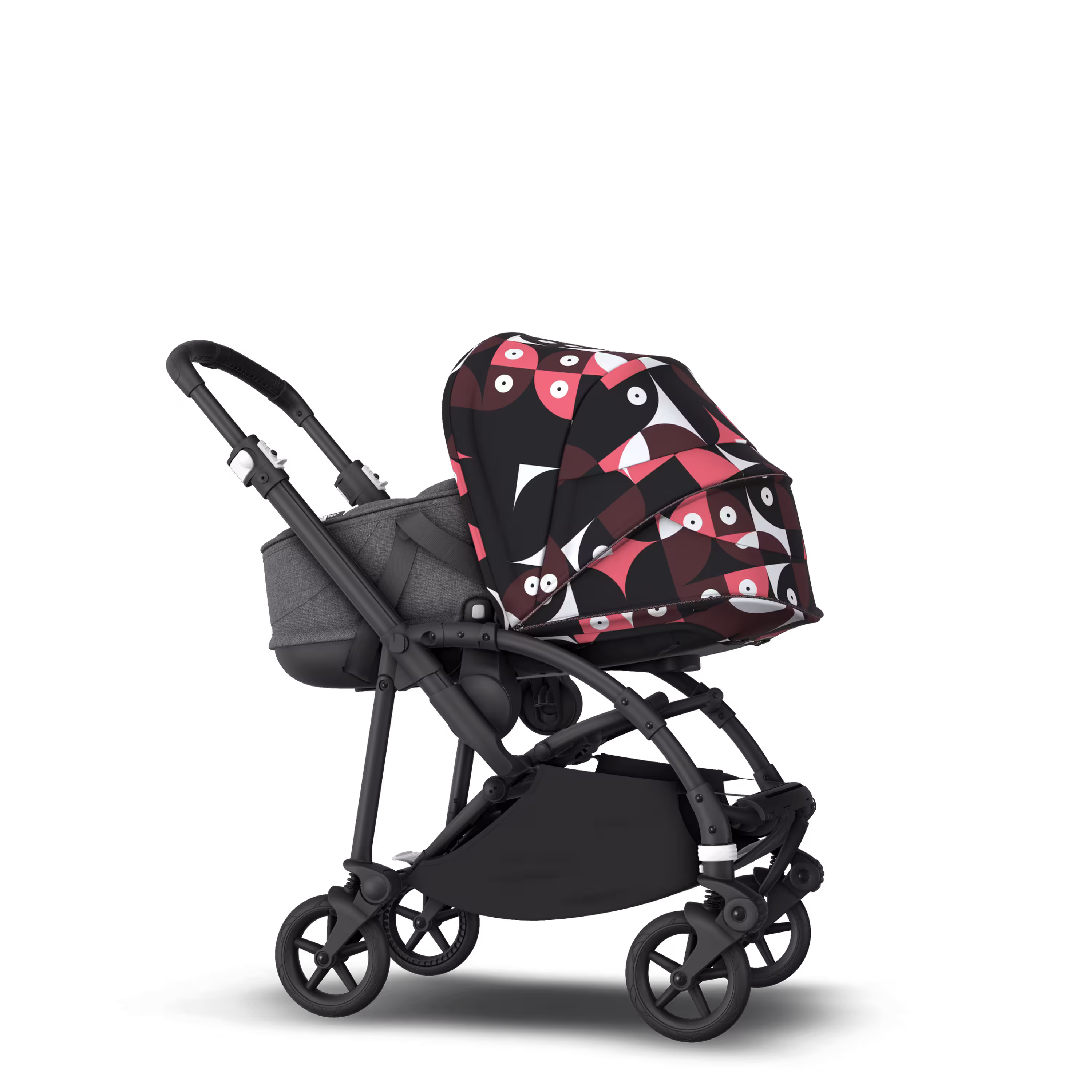 Bugaboo Bee 6 bassinet and seat stroller black base, grey fabrics, animal explorer pink/ red sun canopy - Main Modal Image Slide 3 of 6