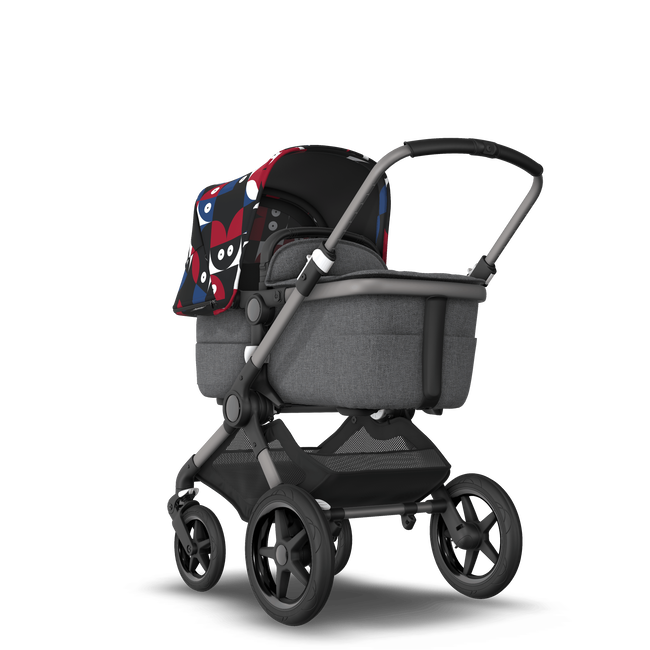 Bugaboo Fox 3 bassinet and seat stroller black base, grey melange fabrics, animal explorer red/blue sun canopy