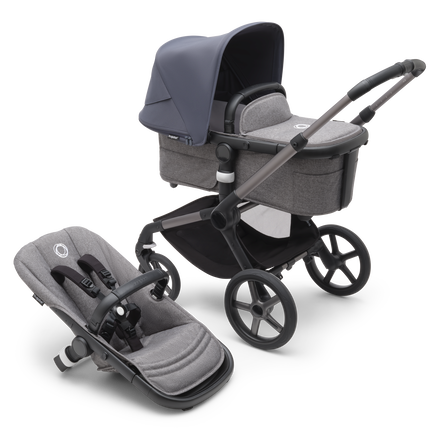 Bugaboo Fox 5 bassinet and seat pram with graphite chassis, grey melange fabrics and stormy blue sun canopy.