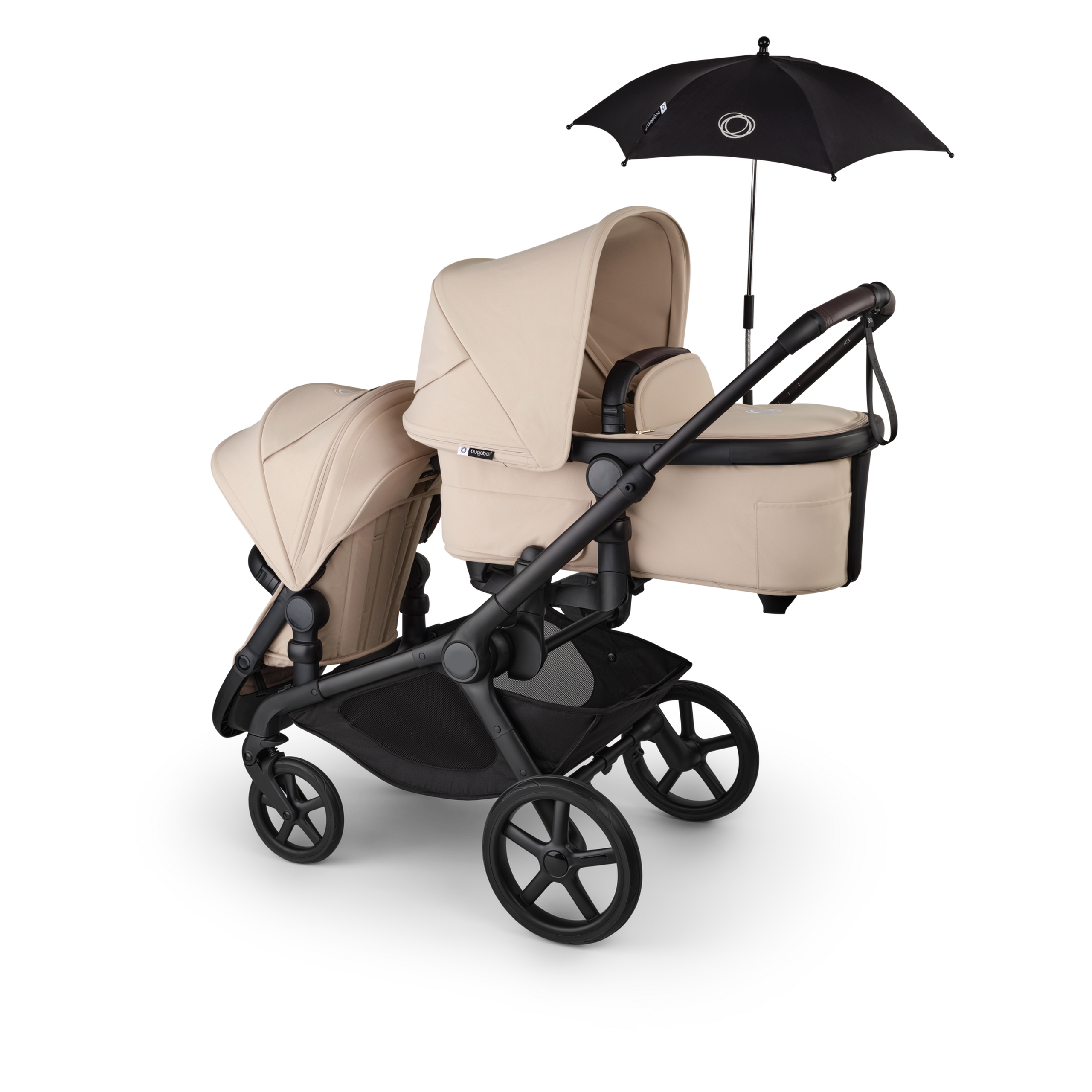 Bugaboo Kangaroo 2-in-1 tandem stroller with one bassinet above and one seat below, in Desert Taupe fabrics. A Bugaboo parasol is attached. - Thumbnail Slide 17 of 18