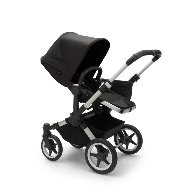 Bugaboo Donkey 5 Mono seat stroller with aluminium chassis, midnight black fabrics and midnight black sun canopy.
