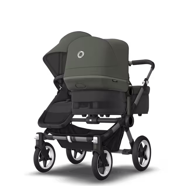 Bugaboo Donkey 5 Duo double stroller graphite base, midnight black fabrics, forest green sun canopy - Main Image Slide 3 of 11