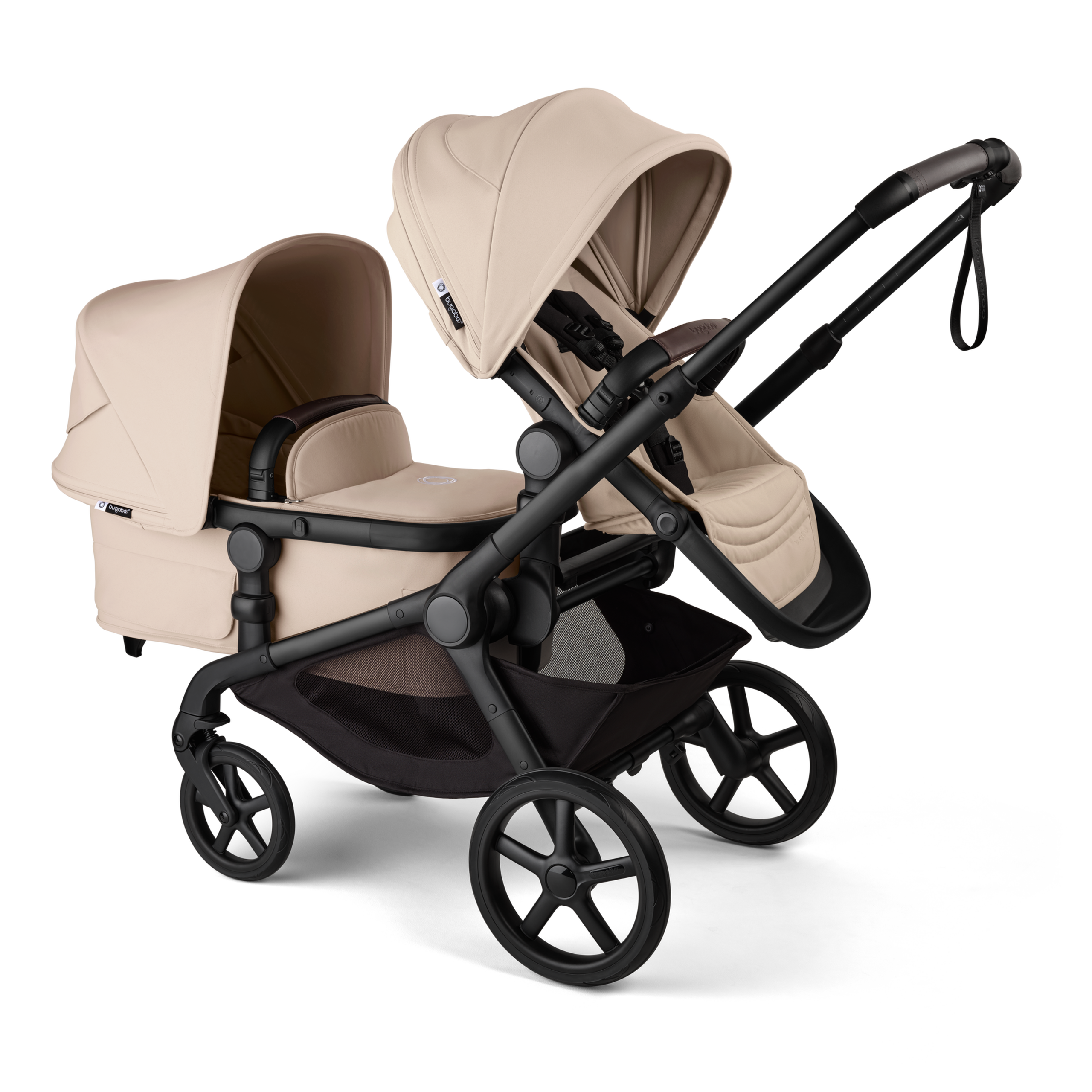 Bugaboo Kangaroo 2-in-1 tandem stroller with one seat above and one bassinet below, with Desert Taupe fabrics and Desert Taupe sun canopies. - Thumbnail Slide 2 of 18