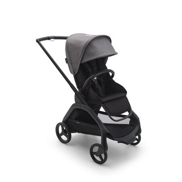 Carrito con silla Bugaboo Dragonfly con chasis negro, fundas negro medianoche y capota gris melange.