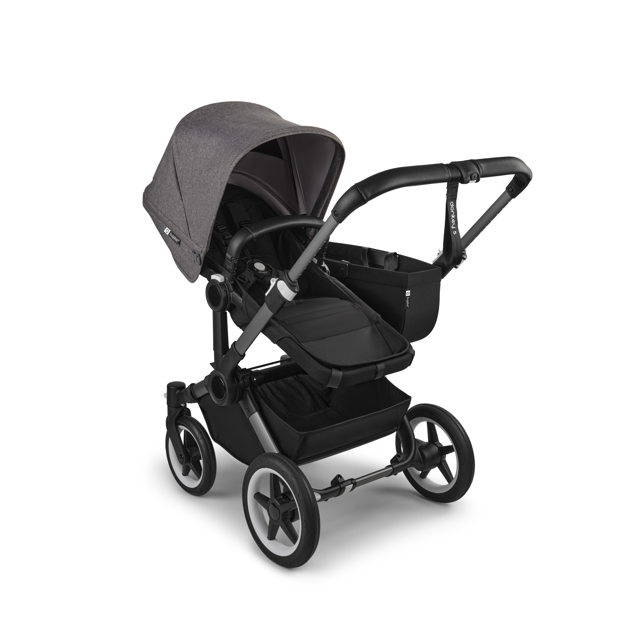 Refurbished Bugaboo Donkey 5 Mono bassinet and seat stroller graphite base, midnight black fabrics, grey mélange sun canopy - Thumbnail Slide 2 of 11