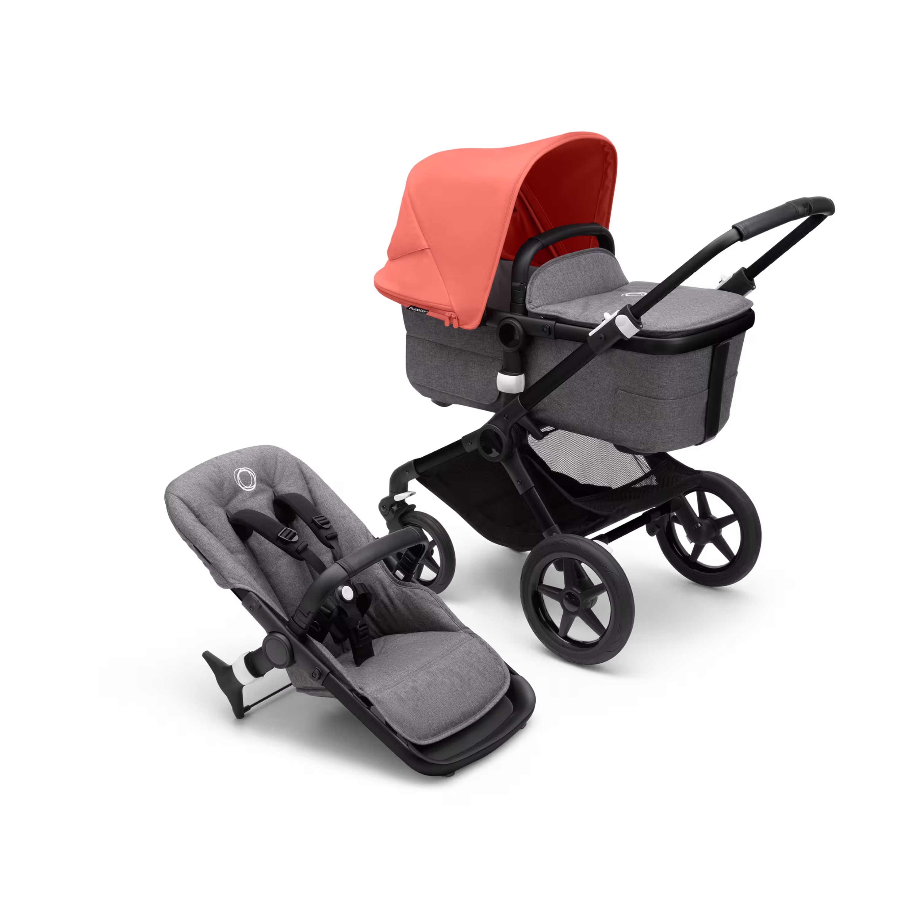 Bugaboo Fox 3 bassinet and seat stroller with black frame, grey melange fabrics, and red sun canopy. - Main Modal Image Slide 5 of 7