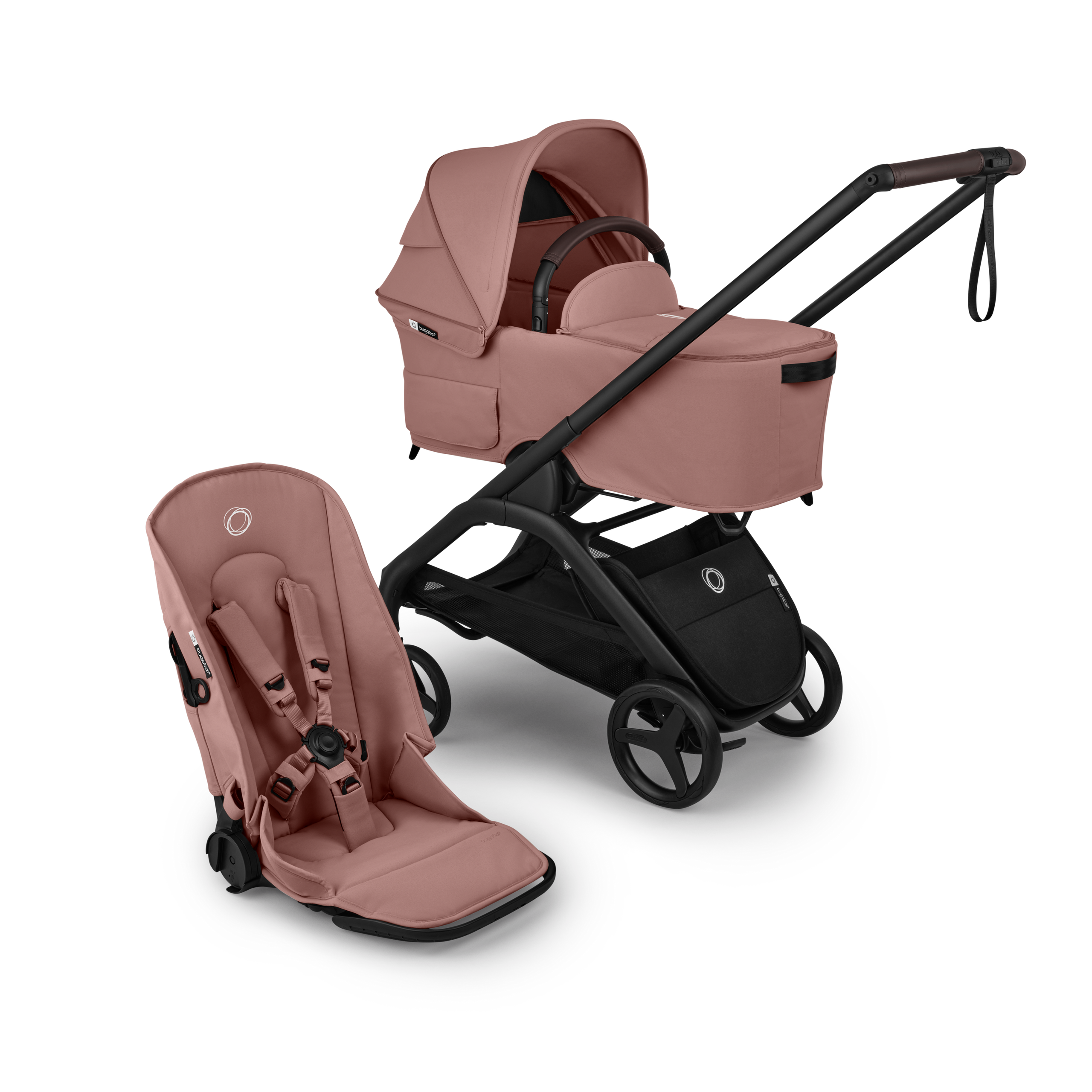 Bugaboo Dragonfly Plus 2-in-1 stroller black base, dusty pink fabrics, dusty pink sun canopy  - Thumbnail Slide 1 of 11