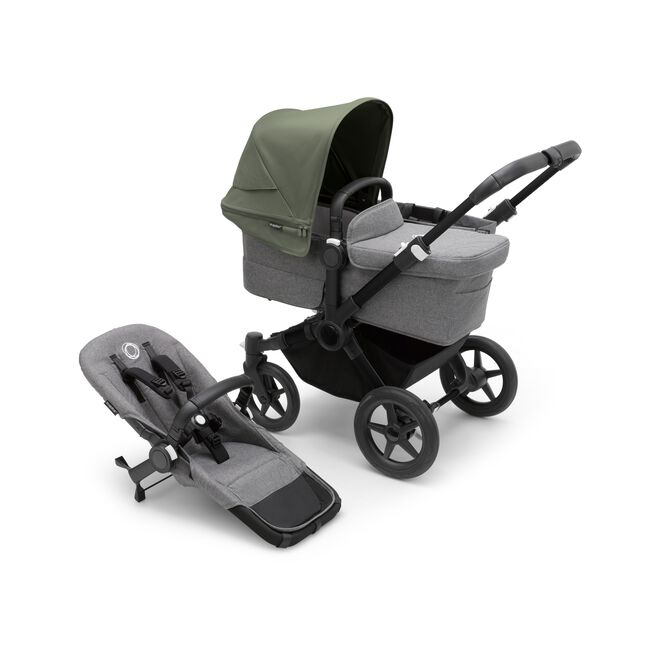 Bugaboo Donkey 5 Mono bassinet stroller with black chassis, grey melange fabrics and forest green sun canopy, plus seat. - Main Image Slide 1 of 13
