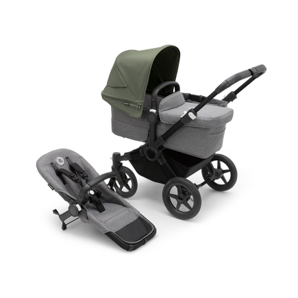 Bugaboo Donkey 5 Mono bassinet stroller with black chassis, grey melange fabrics and forest green sun canopy, plus seat.
