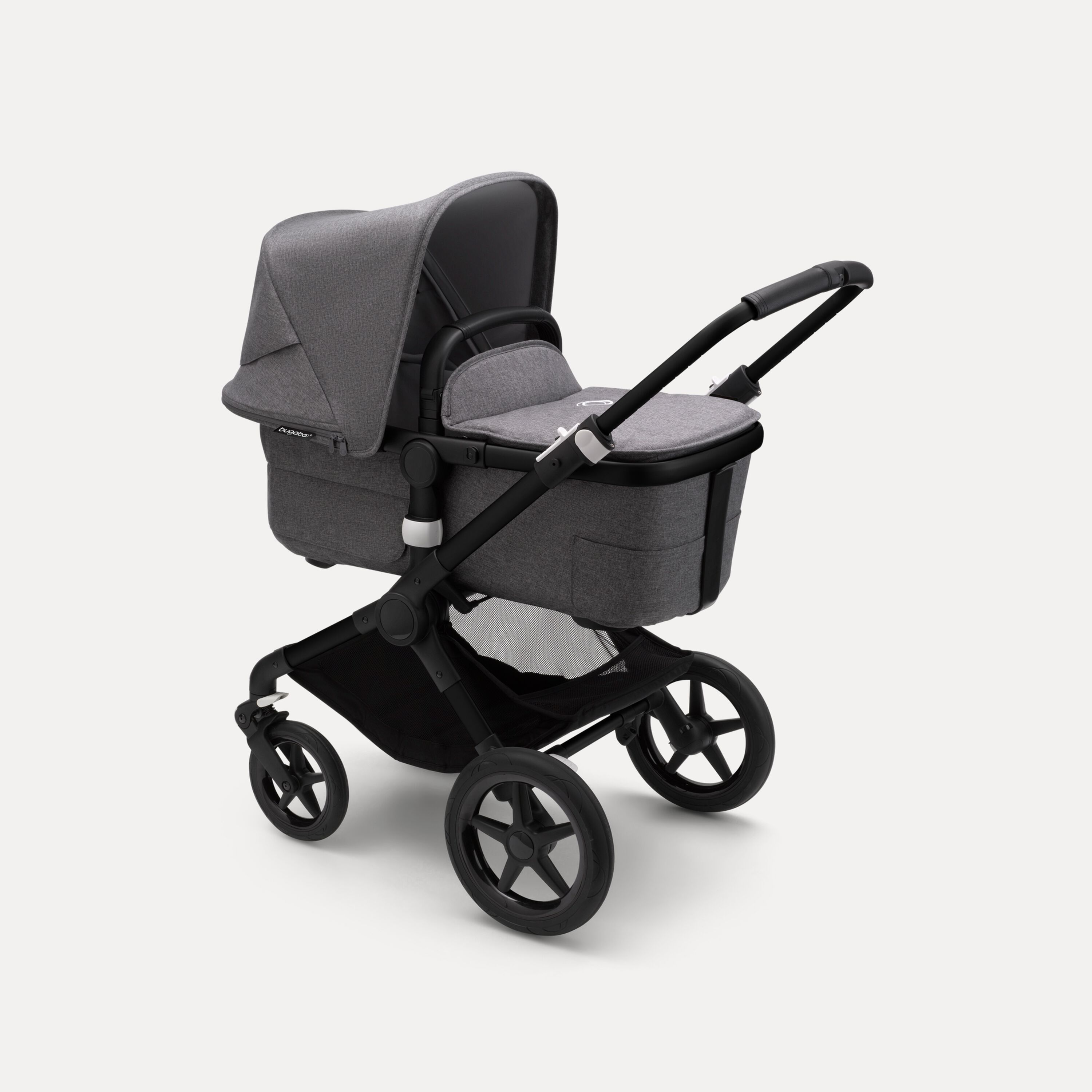 Bugaboo Fox 3 bassinet stroller with black frame, grey melange fabrics, and grey melange sun canopy. - Main Modal Image Slide 2 of 7