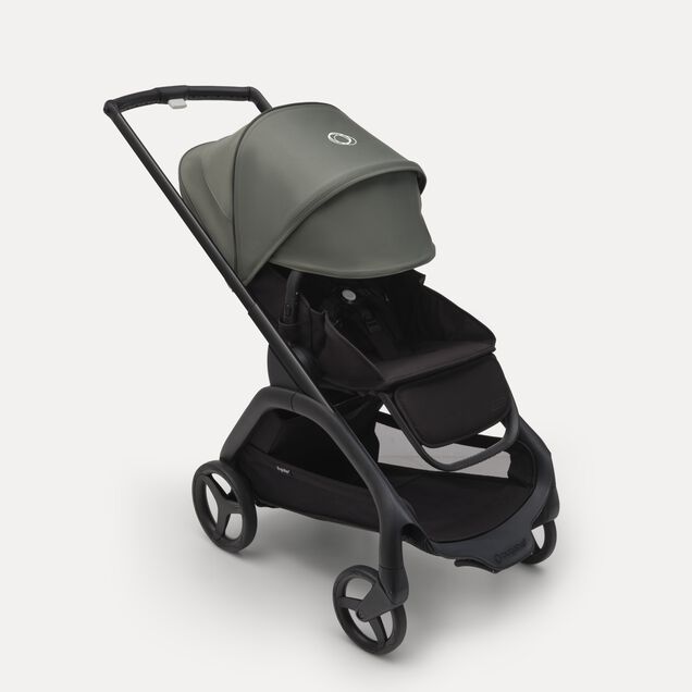 Bugaboo Dragonfly kinderwagen met stoel met black onderstel, midnight black bekleding en forest green zonnekap. De zonnekap is volledig uitgeschoven. - Main Image Slide 3 van 16