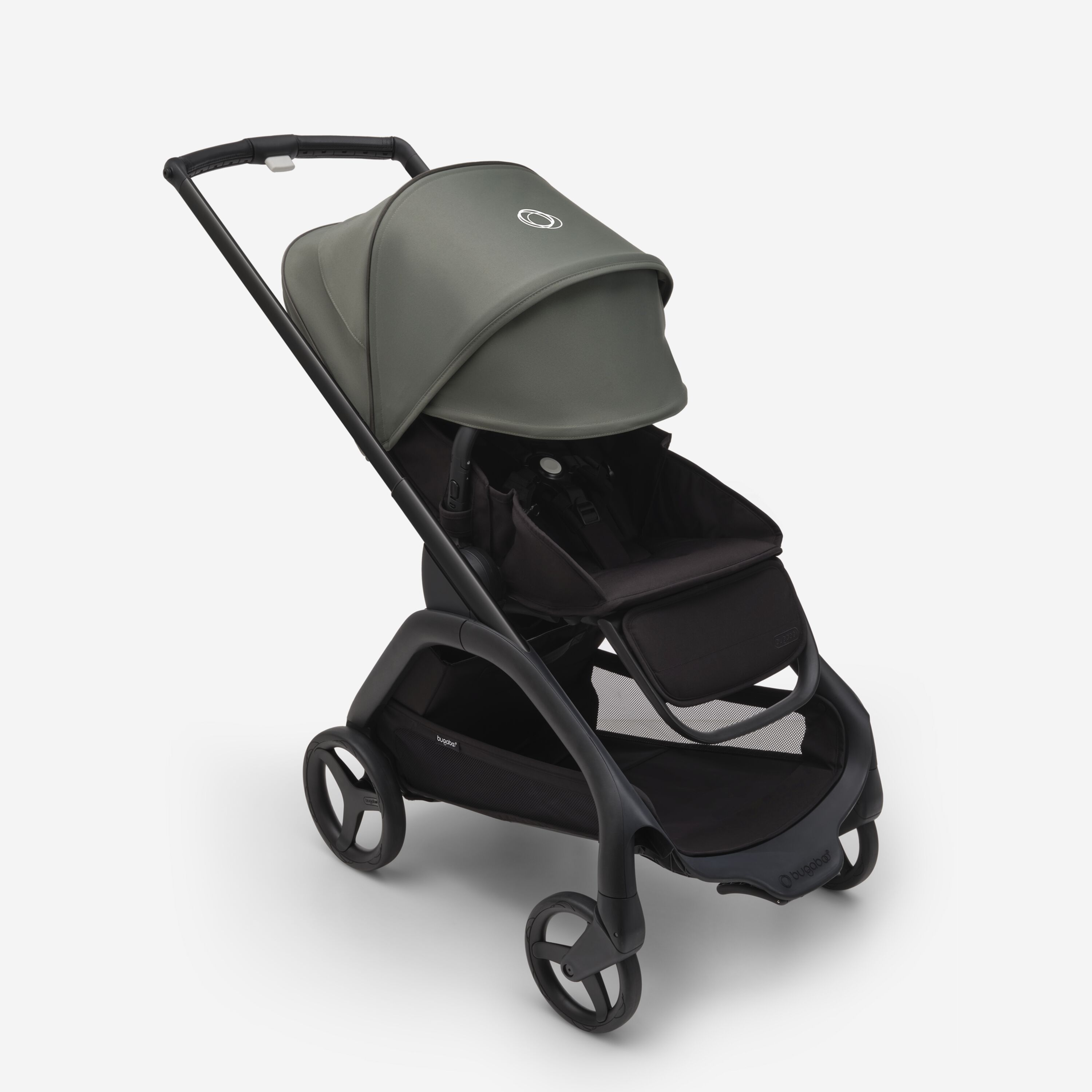 Bugaboo Dragonfly seat stroller with black chassis, midnight black fabrics and forest green sun canopy. The sun canopy is fully extended. - Main Modal Image Slide 3 of 16