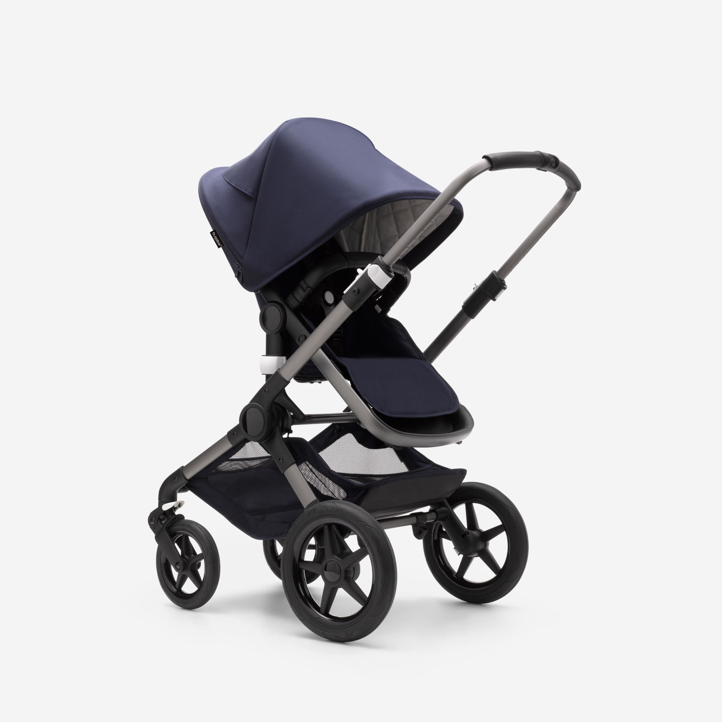 Bugaboo Fox 3 seat pushchair with graphite frame, dark navy fabrics, and dark navy sun canopy. - Main Modal Image Slide 11 of 13