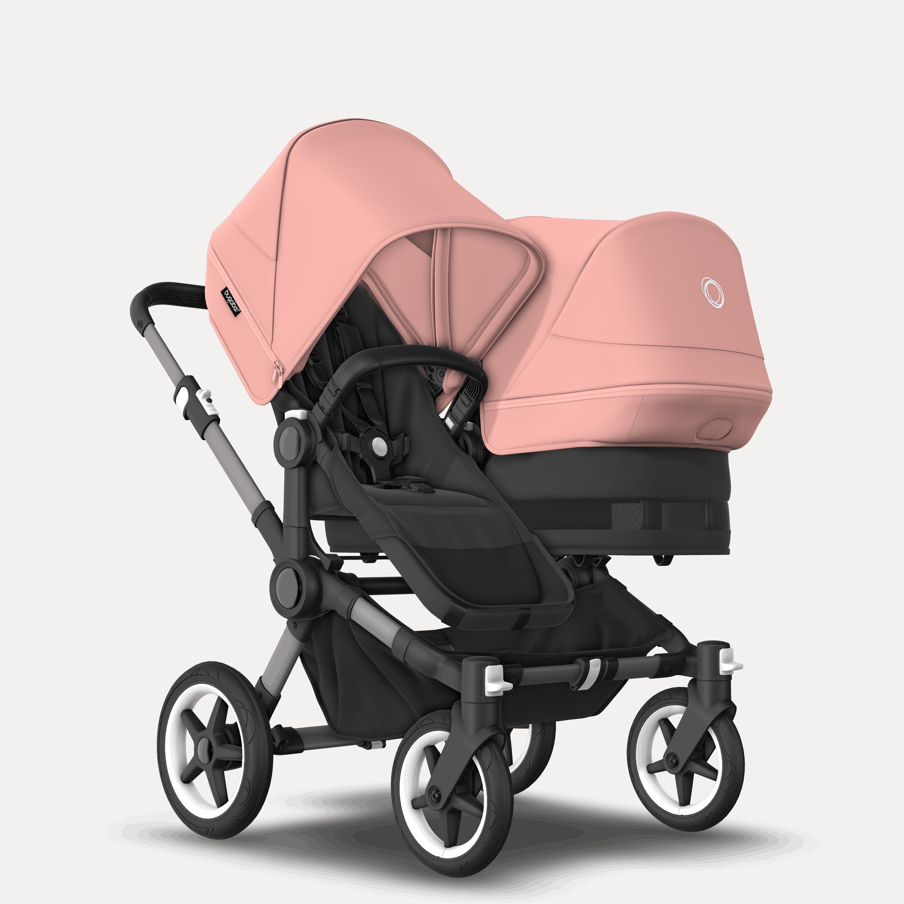 Bugaboo Donkey 5 Duo double stroller graphite base, midnight black fabrics, morning pink sun canopy - Main Modal Image Slide 1 of 9