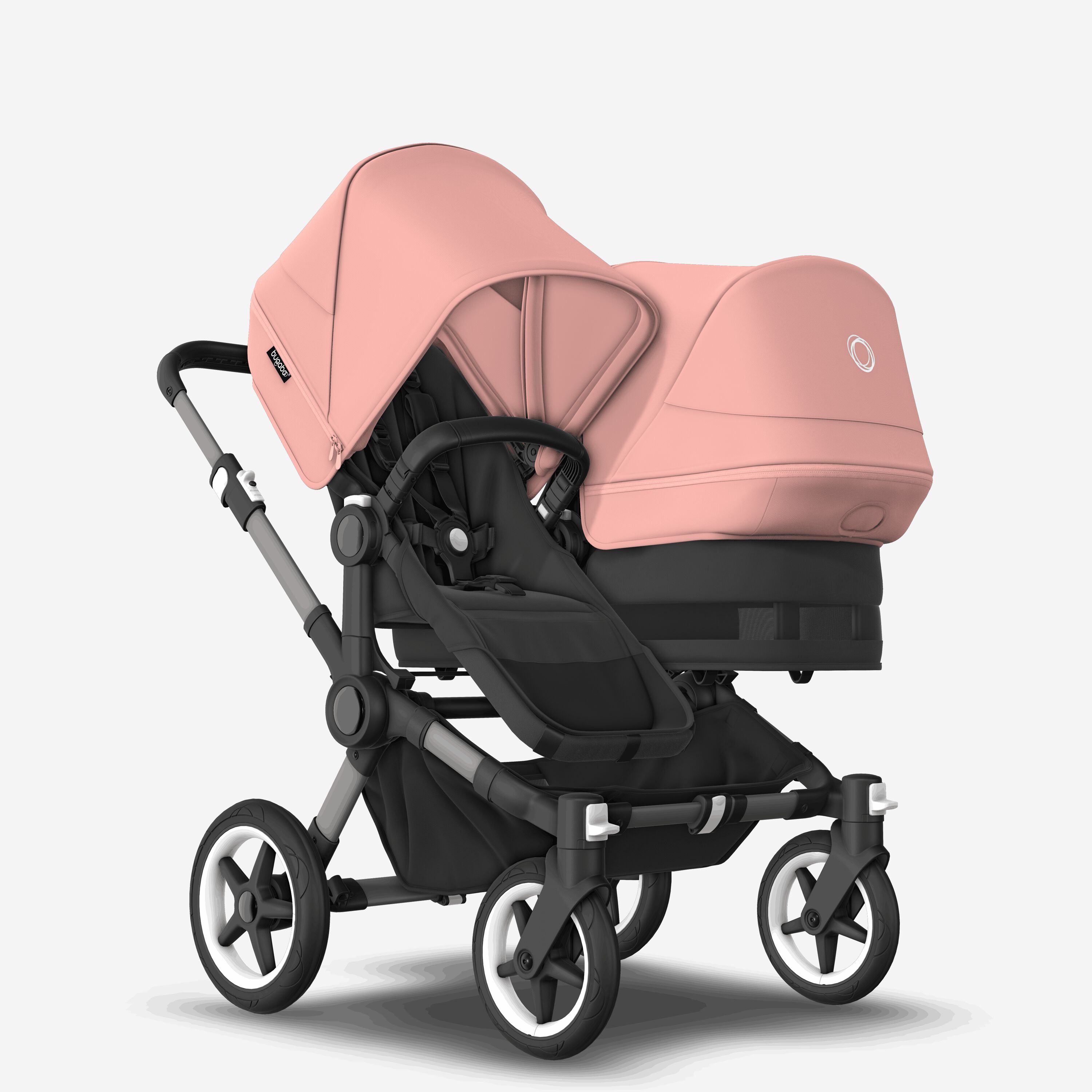 Bugaboo Donkey 5 Duo double stroller graphite base, midnight black fabrics, morning pink sun canopy - Main Modal Image Slide 1 of 9