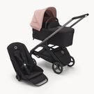 Refurbished Bugaboo Dragonfly bassinet and seat stroller graphite base, midnight black fabrics, morning pink sun canopy