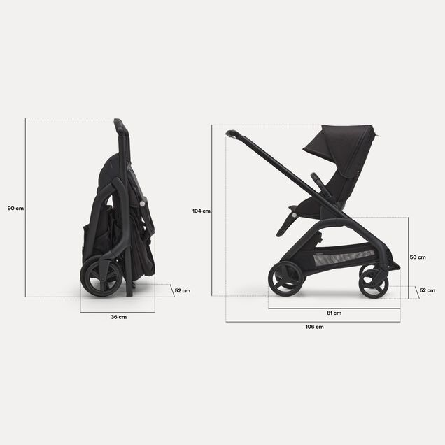 Medidas del carrito Bugaboo Dragonfly con silla: Medidas plegado: 36 x 52 x 90 cm. Medidas en uso: 106 x 52 x 104 cm. Altura de silla: 50 cm. - Main Image Slide 6 of 16