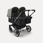 Bugaboo Donkey 5 twin stroller graphite base, midnight black fabrics, forest green sun canopy